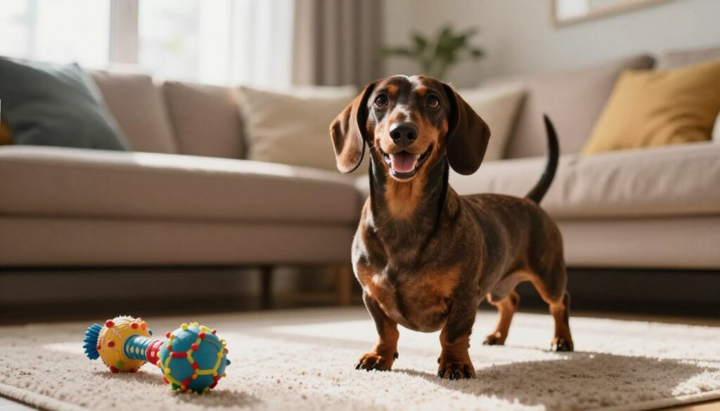 A cheerful dachshund with a shiny, short coat, confidently standing on a plush rug in a cozy living room. The dachshund's expressive eyes convey curiosity and affection, showcasing its playful personality. In the foreground, a few squeaky toys lie scattered around. In the middle ground, a warm, soft couch adorned with colorful cushions creates a welcoming atmosphere. The background features a bright window with soft, natural sunlight filtering through sheer curtains, casting gentle shadows that enhance the warmth of the scene. The overall mood is heartwarming and inviting, capturing the unique emotional needs of Wiener dogs in a comfortable home setting, emphasizing affection and companionship. Ensure the lighting is soft and diffuse to evoke a warm ambiance. A cheerful dachshund with a shiny, short coat, confidently standing on a plush rug in a cozy living room. The dachshund's expressive eyes convey curiosity and affection, showcasing its playful personality. In the foreground, a few squeaky toys lie scattered around. In the middle ground, a warm, soft couch adorned with colorful cushions creates a welcoming atmosphere. The background features a bright window with soft, natural sunlight filtering through sheer curtains, casting gentle shadows that enhance the warmth of the scene. The overall mood is heartwarming and inviting, capturing the unique emotional needs of Wiener dogs in a comfortable home setting, emphasizing affection and companionship. Ensure the lighting is soft and diffuse to evoke a warm ambiance.