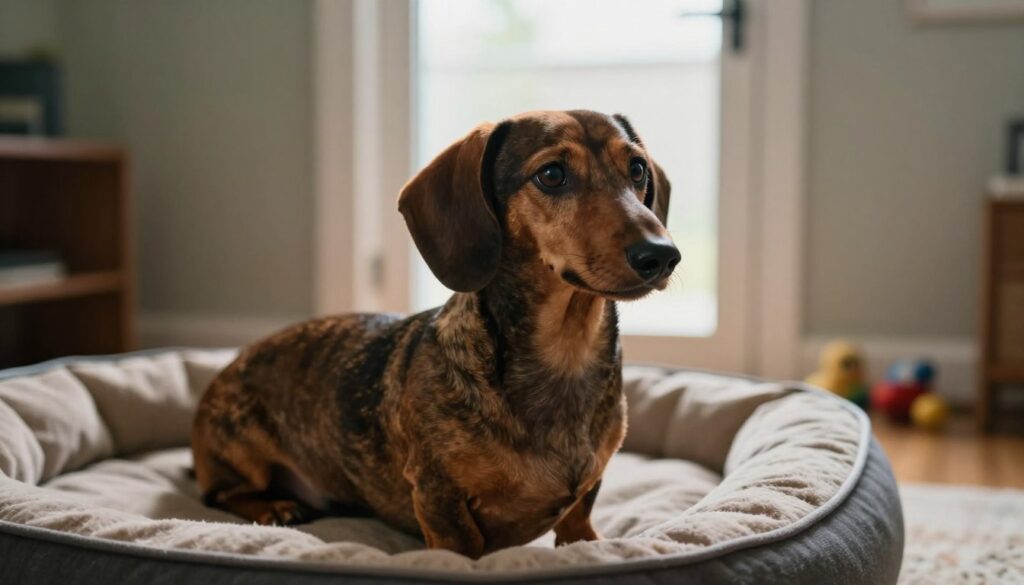 A worried Dachshund sitting alone on a cozy dog bed in a softly lit living room. The dog's ears are perked up, and its eyes reflect a sense of anxiety, gazing towards the door as if waiting for its owner to return. In the foreground, a close-up of the Dachshund captures the distinctive long body and expressive face, while in the background, a blurred glimpse of a door and a few scattered toys enhances the feeling of separation. Soft natural light spills in from a nearby window, casting gentle shadows that add warmth yet underscore the melancholy mood. The atmosphere is quiet and contemplative, illustrating the signs of separation anxiety in dogs. A worried Dachshund sitting alone on a cozy dog bed in a softly lit living room. The dog's ears are perked up, and its eyes reflect a sense of anxiety, gazing towards the door as if waiting for its owner to return. In the foreground, a close-up of the Dachshund captures the distinctive long body and expressive face, while in the background, a blurred glimpse of a door and a few scattered toys enhances the feeling of separation. Soft natural light spills in from a nearby window, casting gentle shadows that add warmth yet underscore the melancholy mood. The atmosphere is quiet and contemplative, illustrating the signs of separation anxiety in dogs.